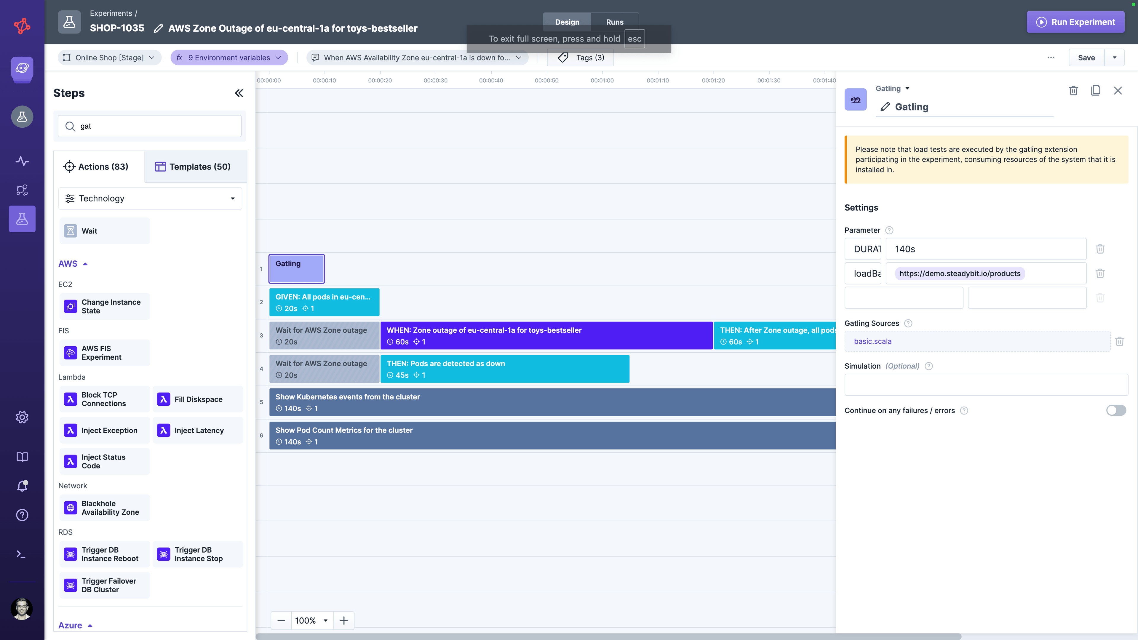 Steadybit's Gatling action to run a Gatling load test in the experiment