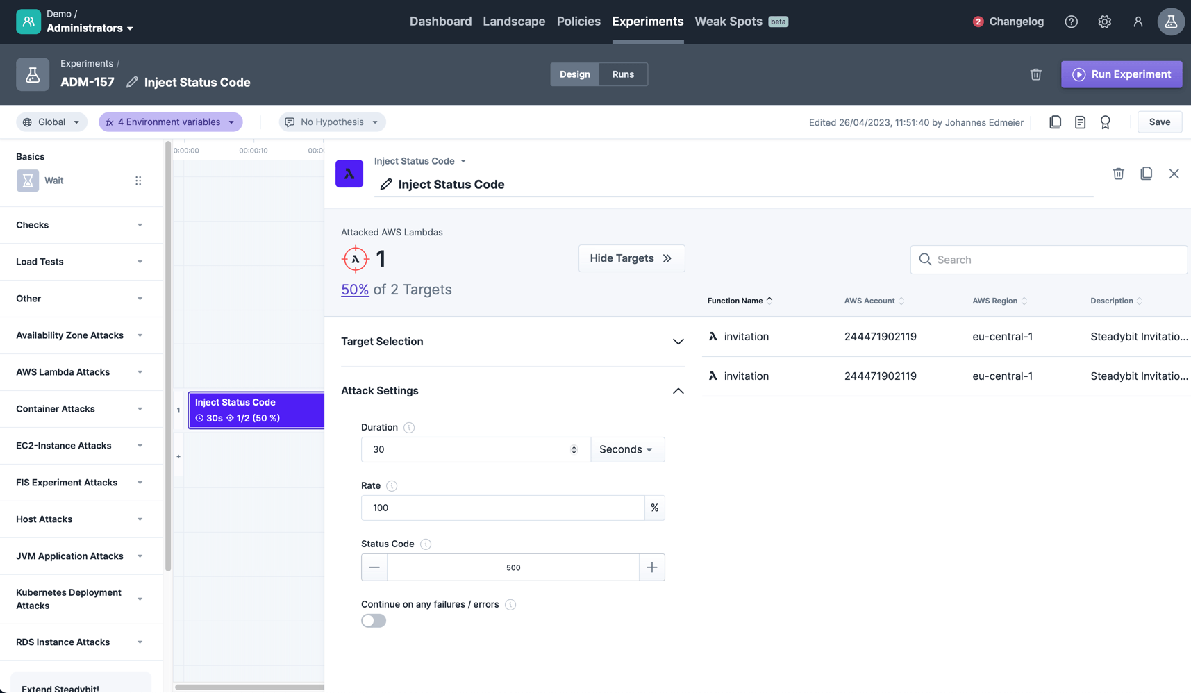 The Inject Status Code step within the experiment editor.