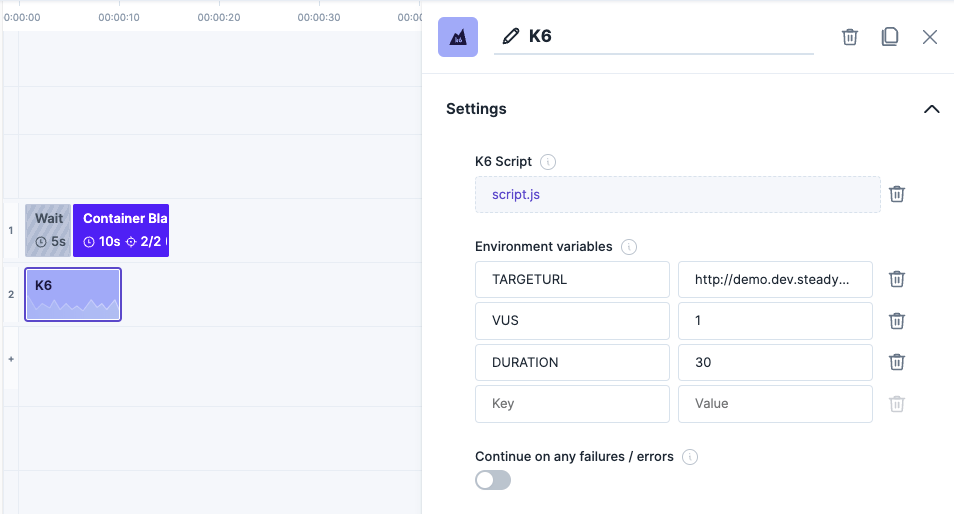 K6 loadtest within the experiment editor.