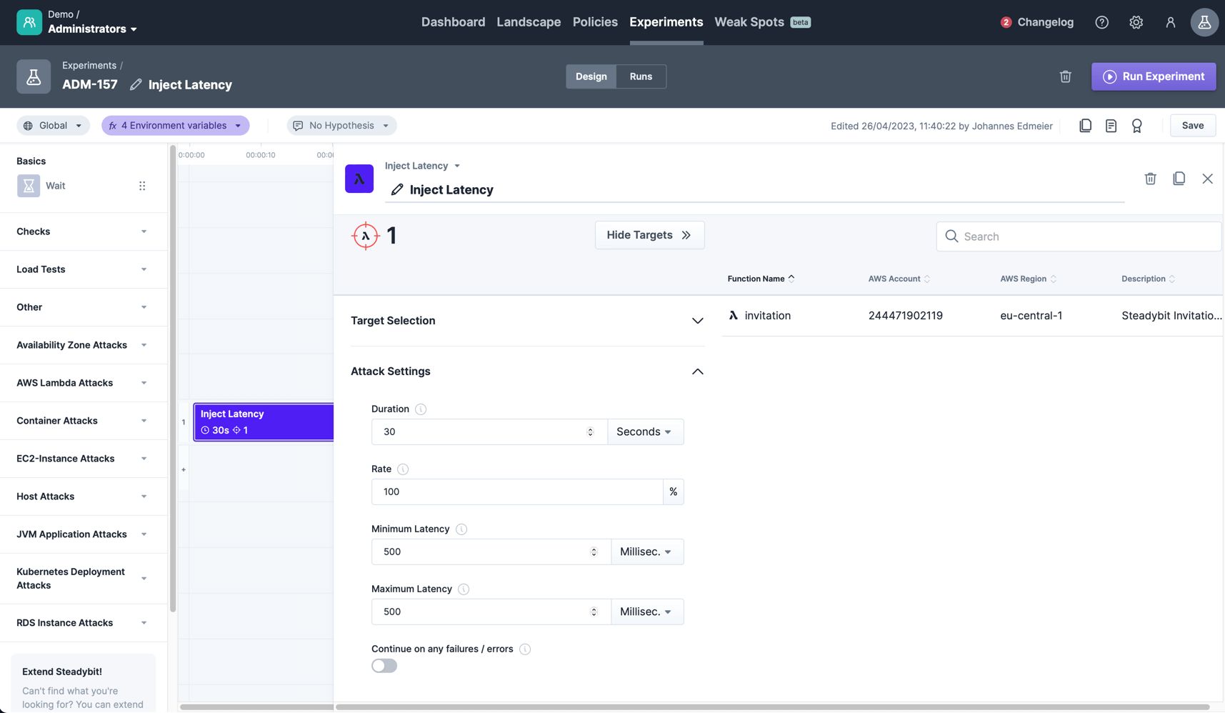 The Inject Latency step within the experiment editor.