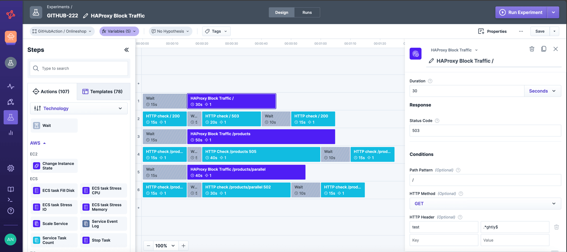 Experiment editor showing the haproxy ingress block traffic action