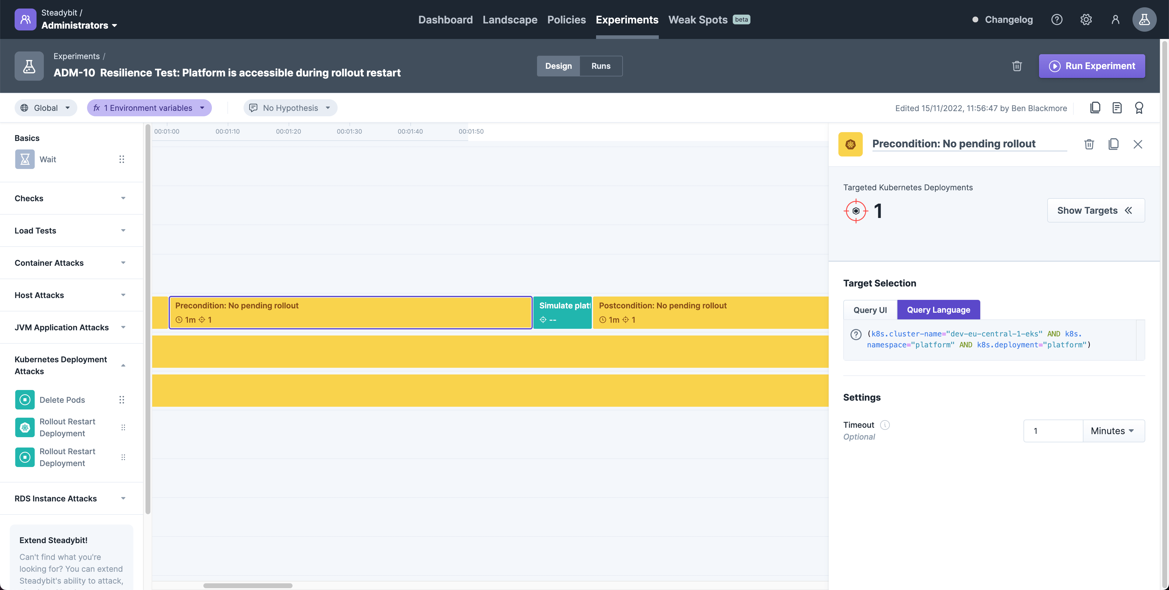 Experiment editor showing the rollout status check among an experiment to identify how a deployment copes with restarts.