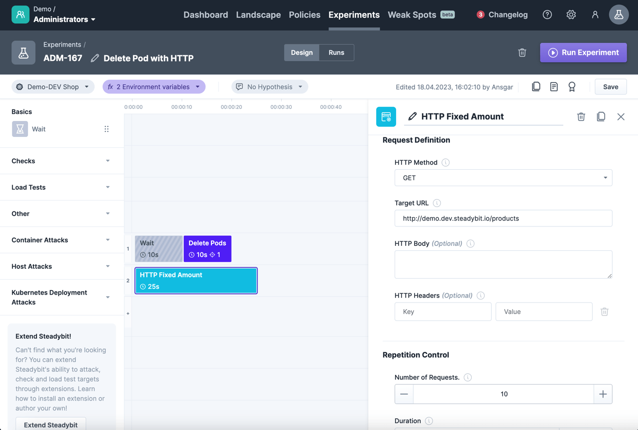 The http check within the experiment editor.