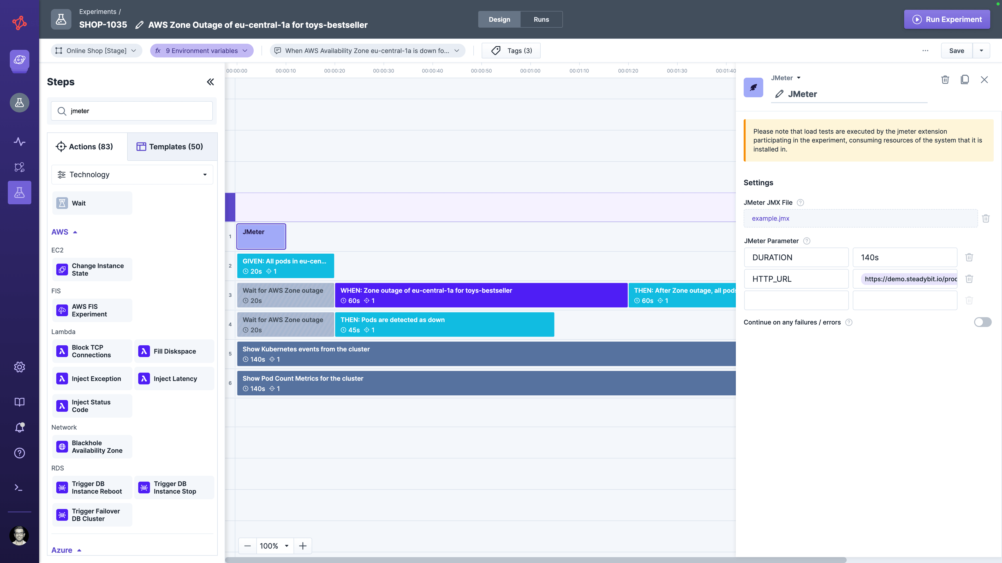 Steadybit's JMeter action to run a JMeter load test in the experiment