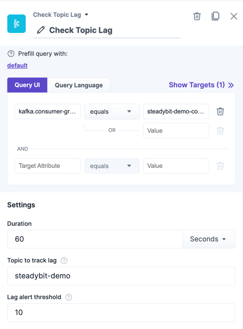 The action "Check Topic Lag" within the experiment editor.