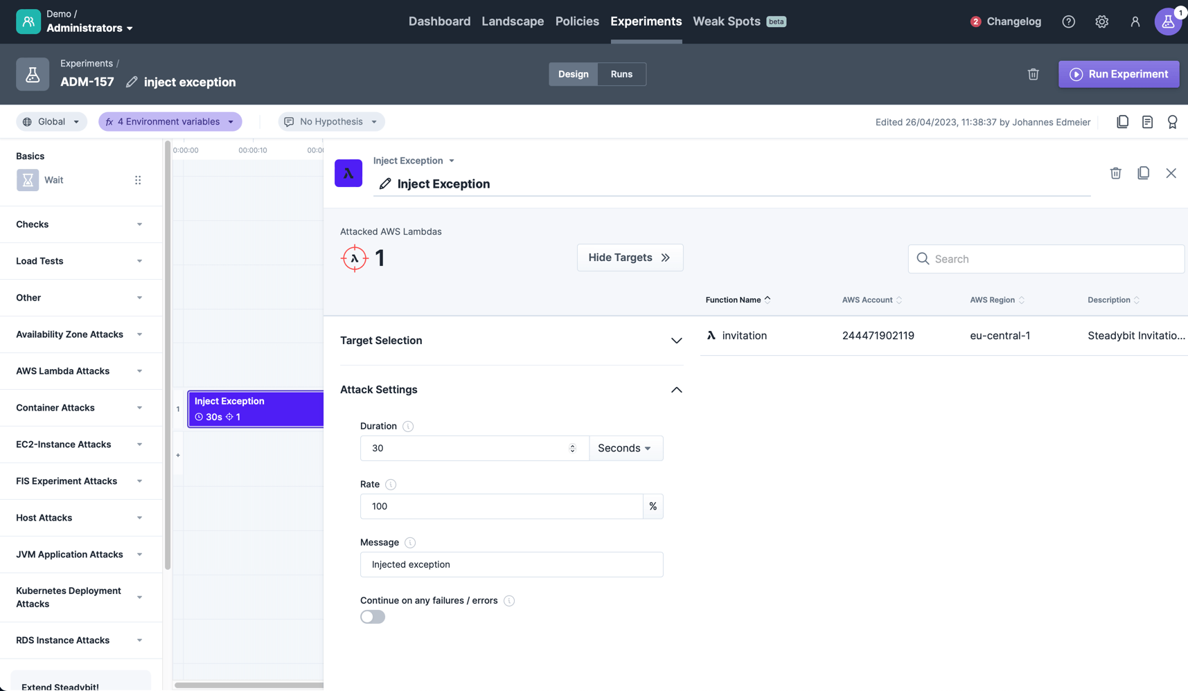 The Inject Exception step within the experiment editor.