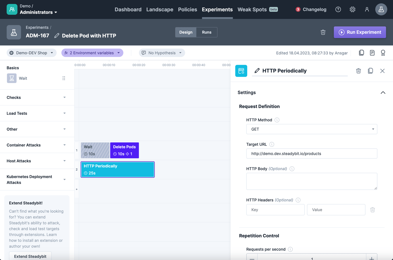 The http check within the experiment editor.