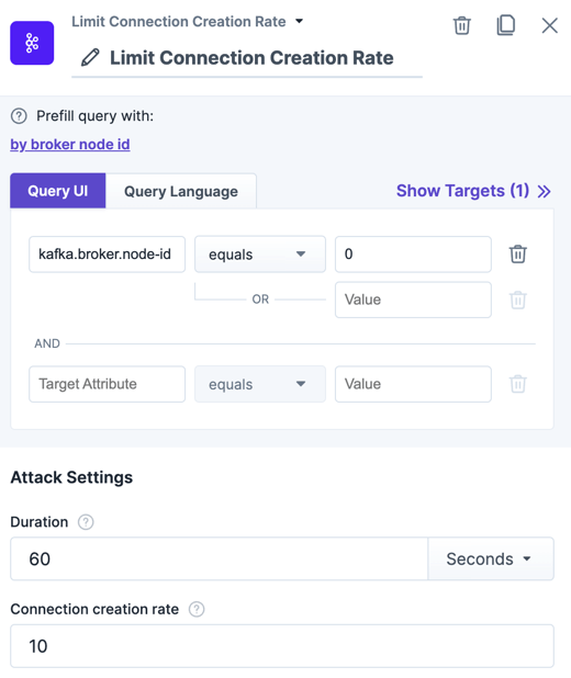 The action "Limit Connection Creation Rate" within the experiment editor.