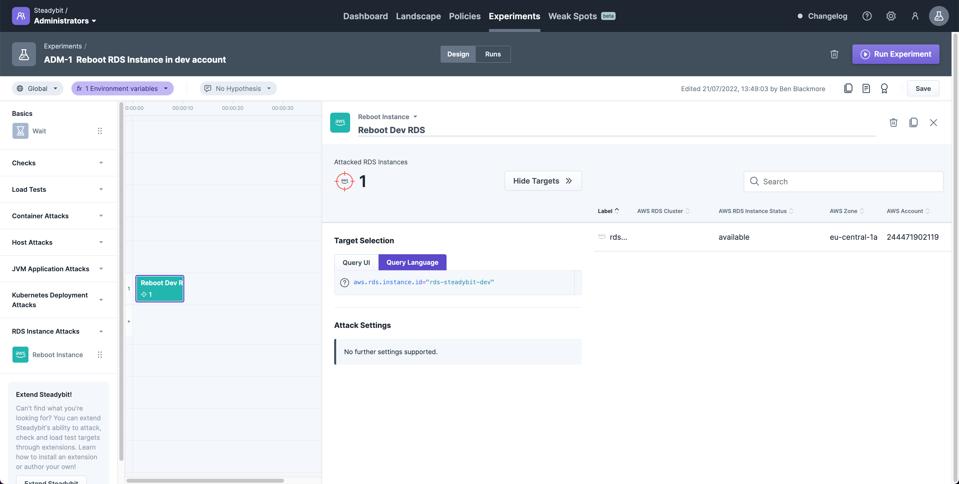 The Reboot RDS step within the experiment editor.