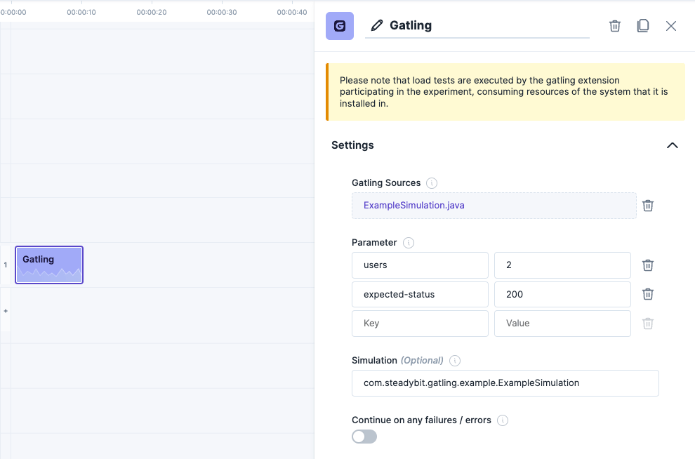 Gatling loadtest within the experiment editor.