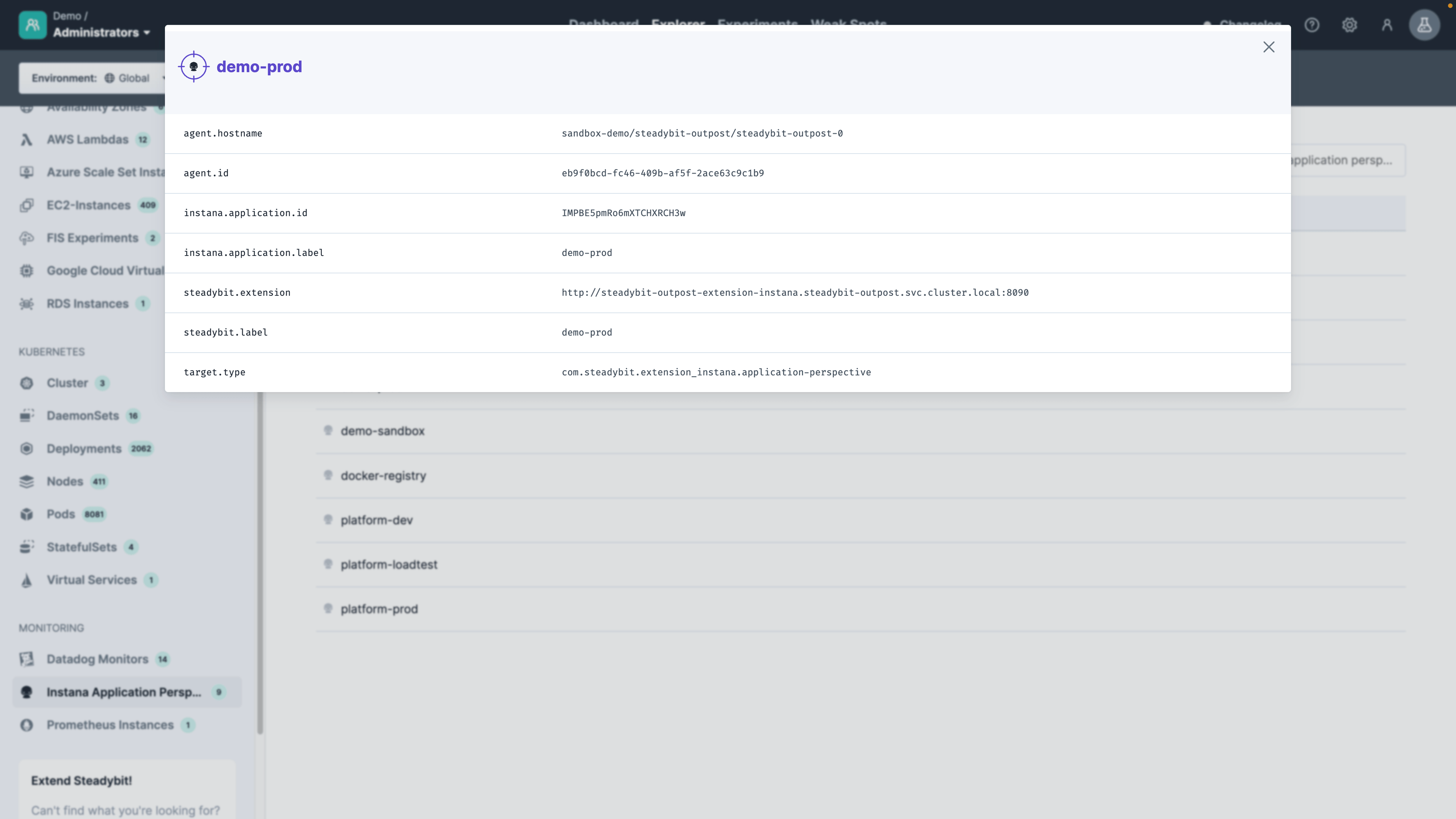 Identified information about an Instana application perspective that can later be used within experiments.