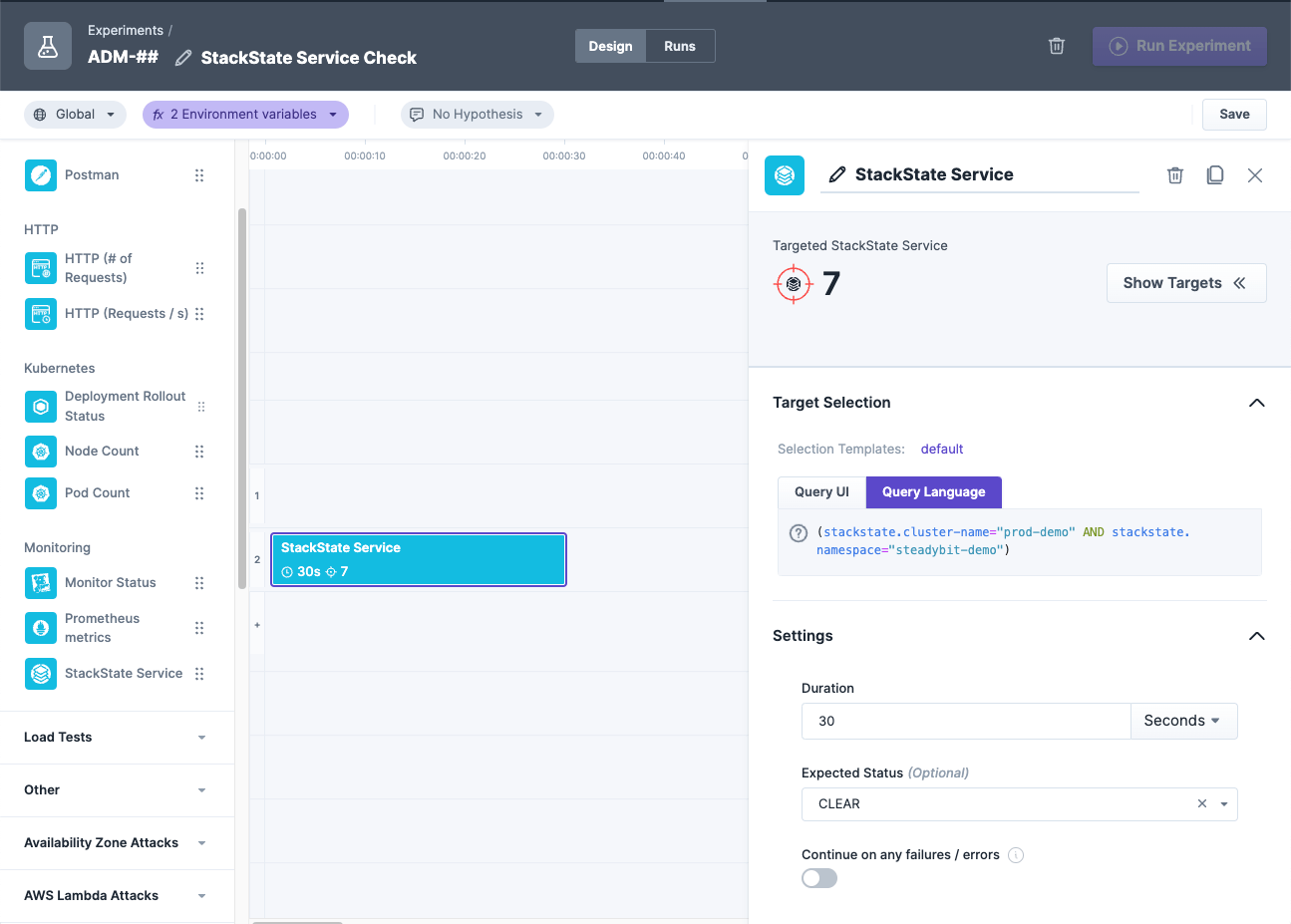 The status check within the experiment editor.