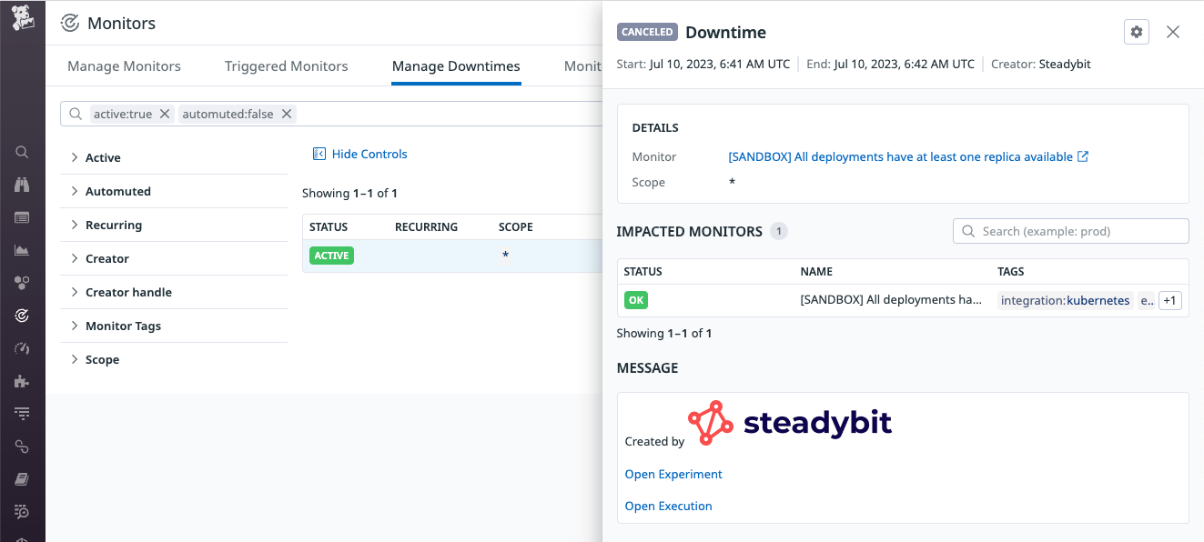 The created Downtime in Datadog.