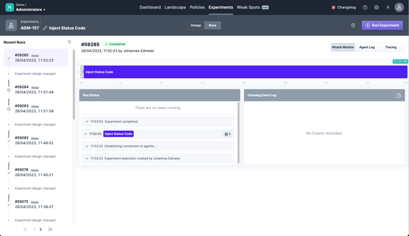 The experiment execution view when returning a fixed status code.