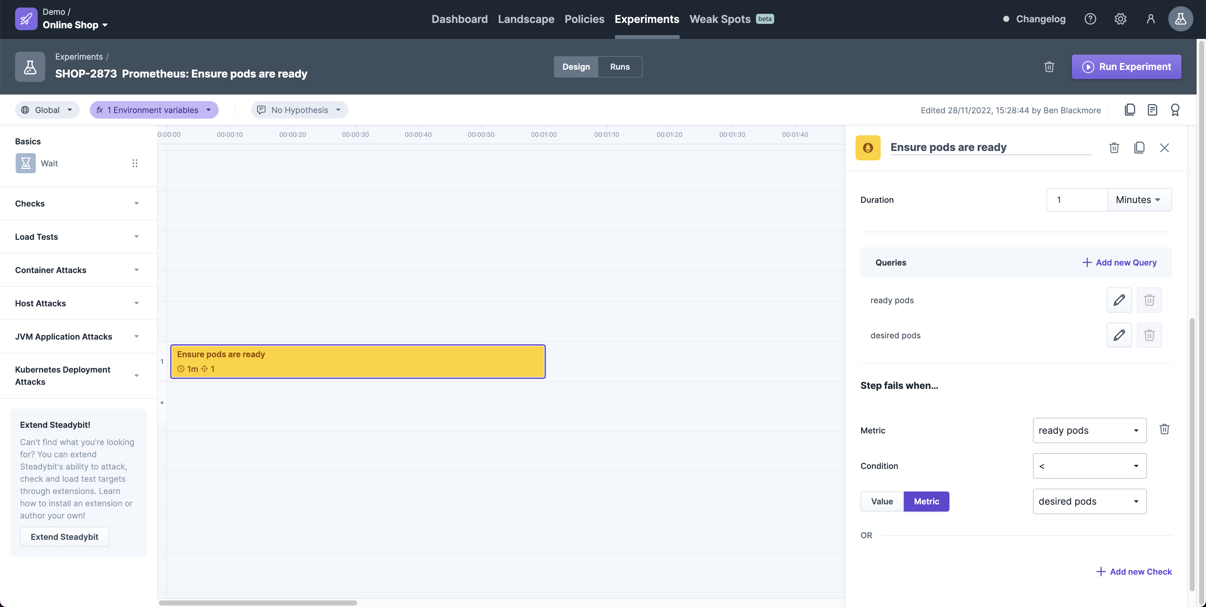 Experiment editor showing how two collected metrics can be compared.