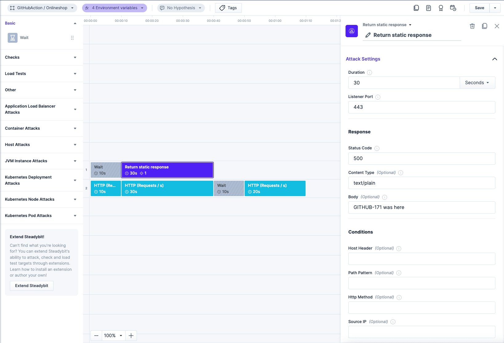 The static response action in the designer view.