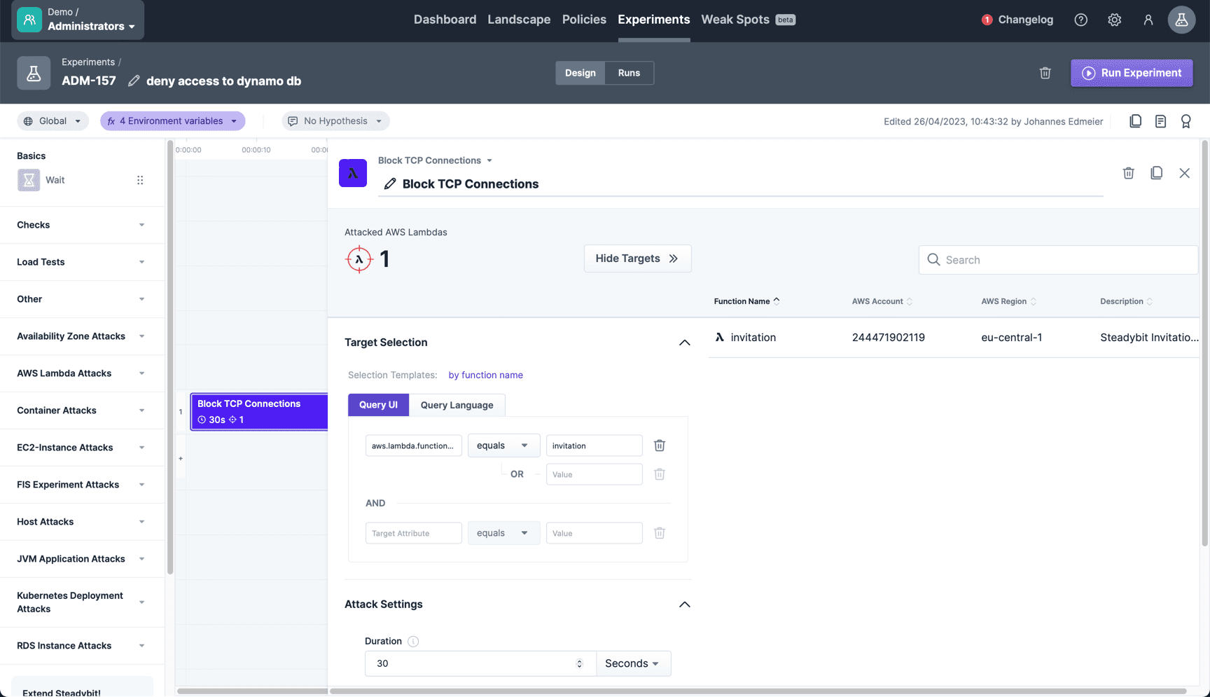 The Block TCP Connections step within the experiment editor.