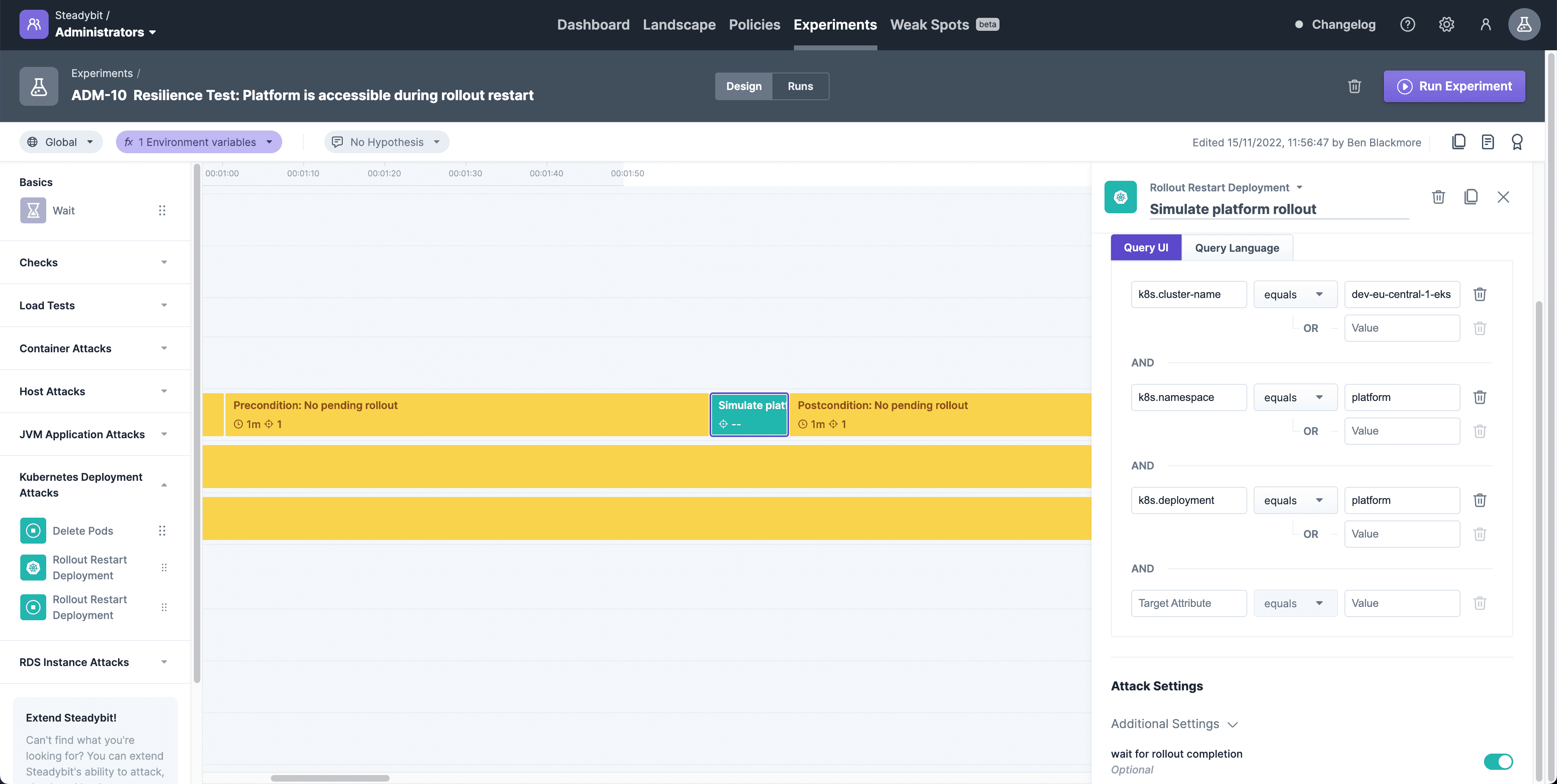 Experiment editor showing how a rollout restart attack may be supported by a variety of checks.