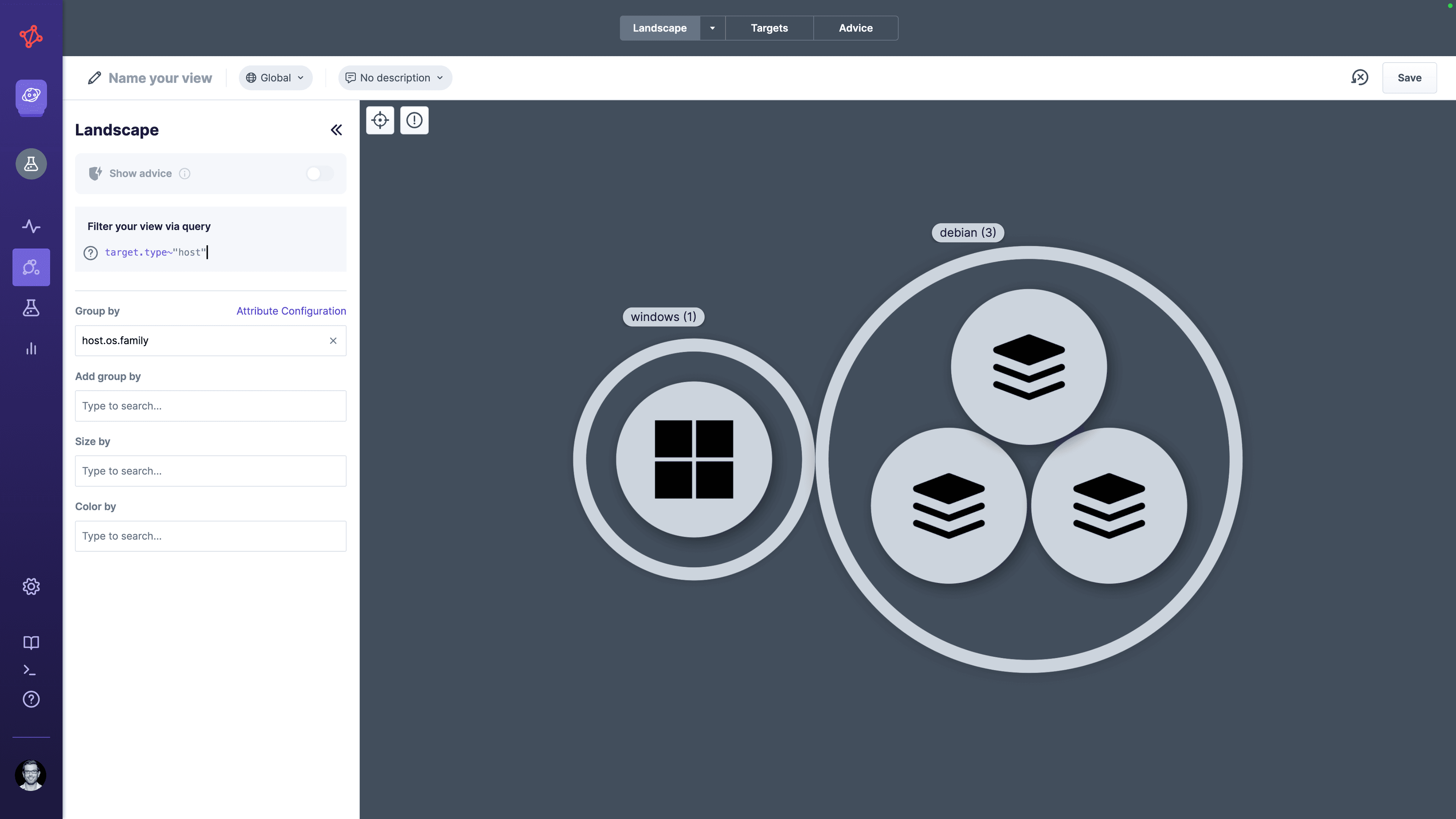 Explorer showing Linux and Windows hosts discovered by Linux and Windows host extensions.