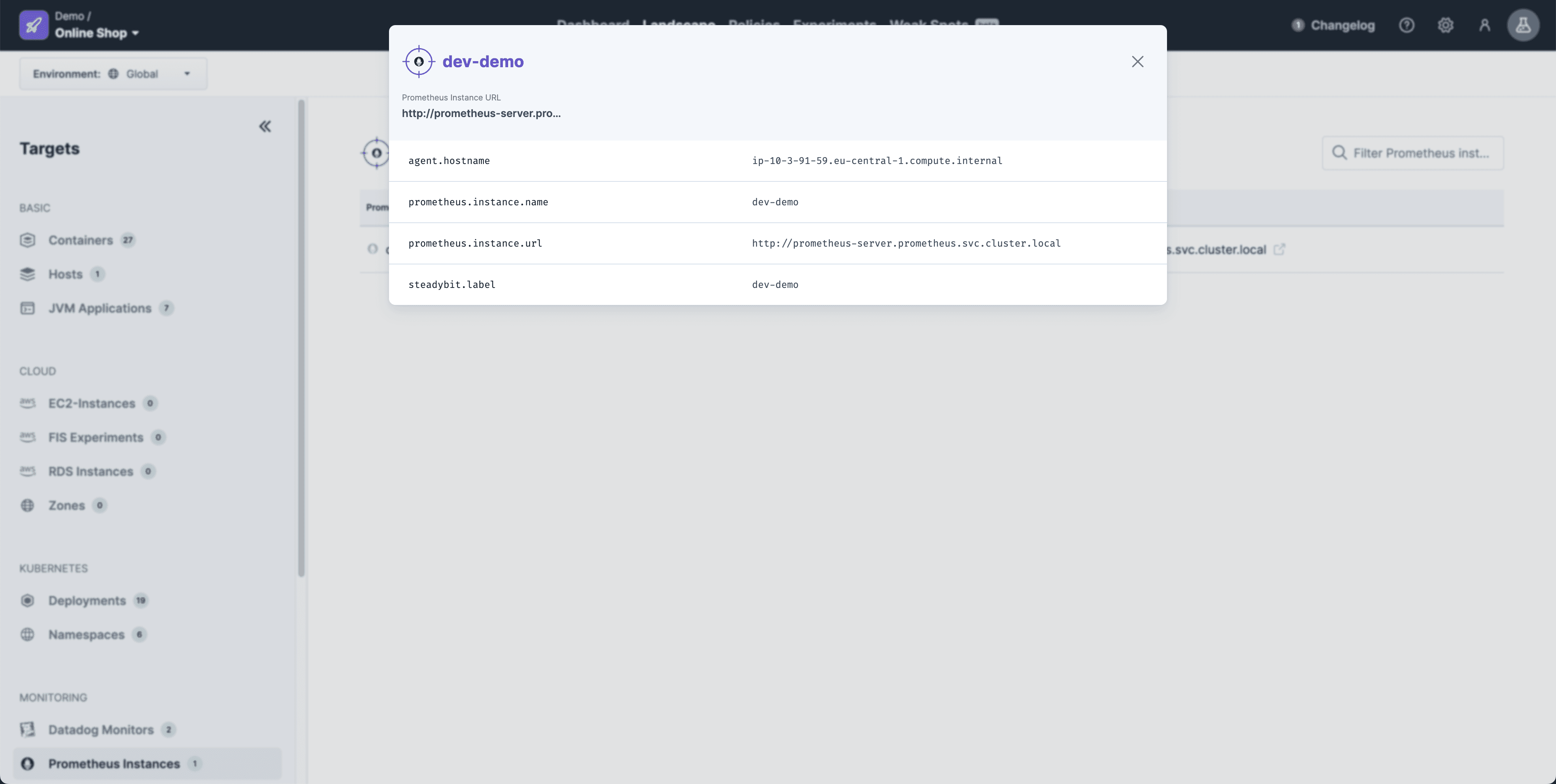 Discovered Prometheus instances are presented within the UI as query targets.