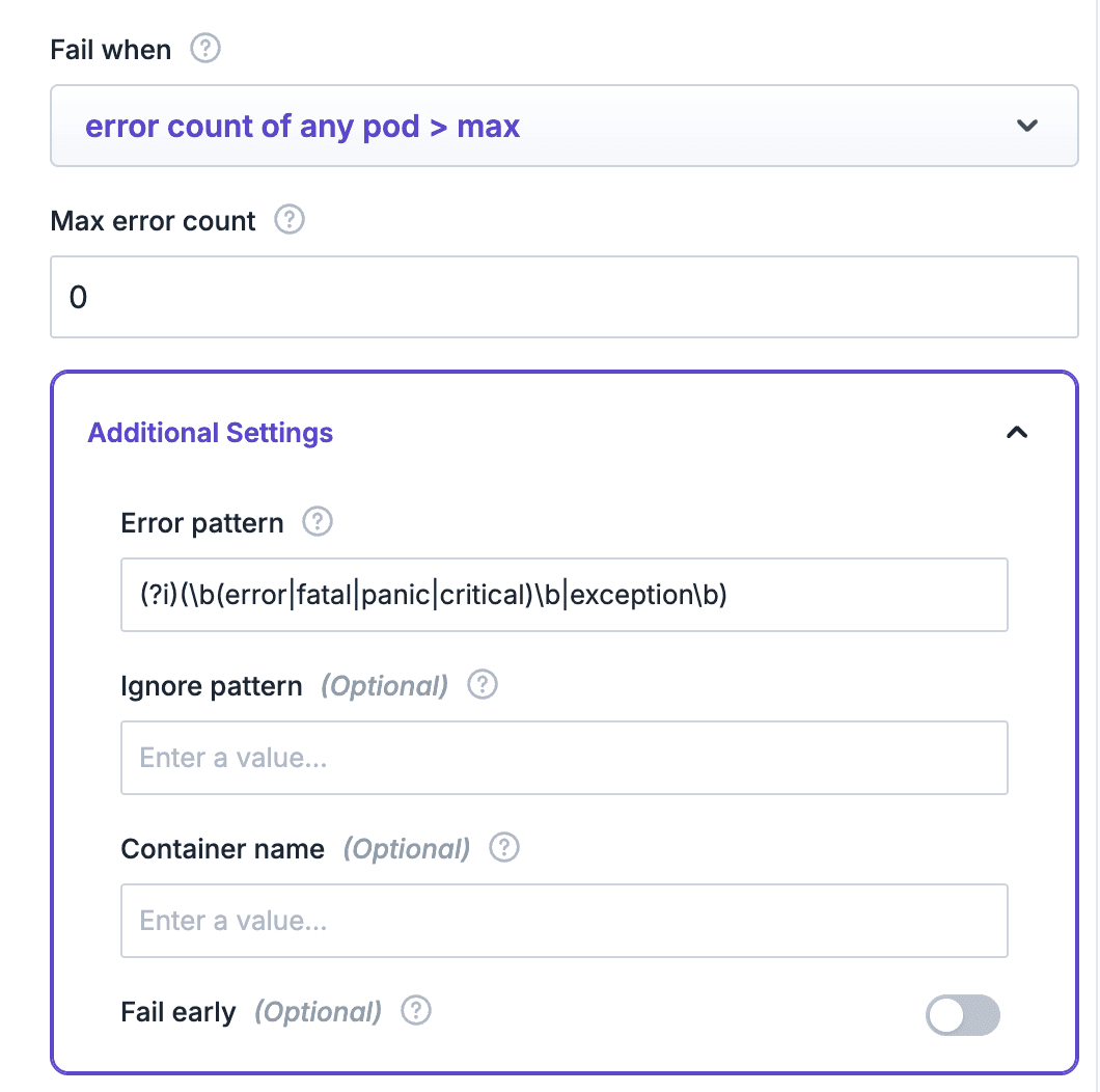 Check settings: fail when any pod's error count exceeds the max, with the default error pattern and the optional filters.