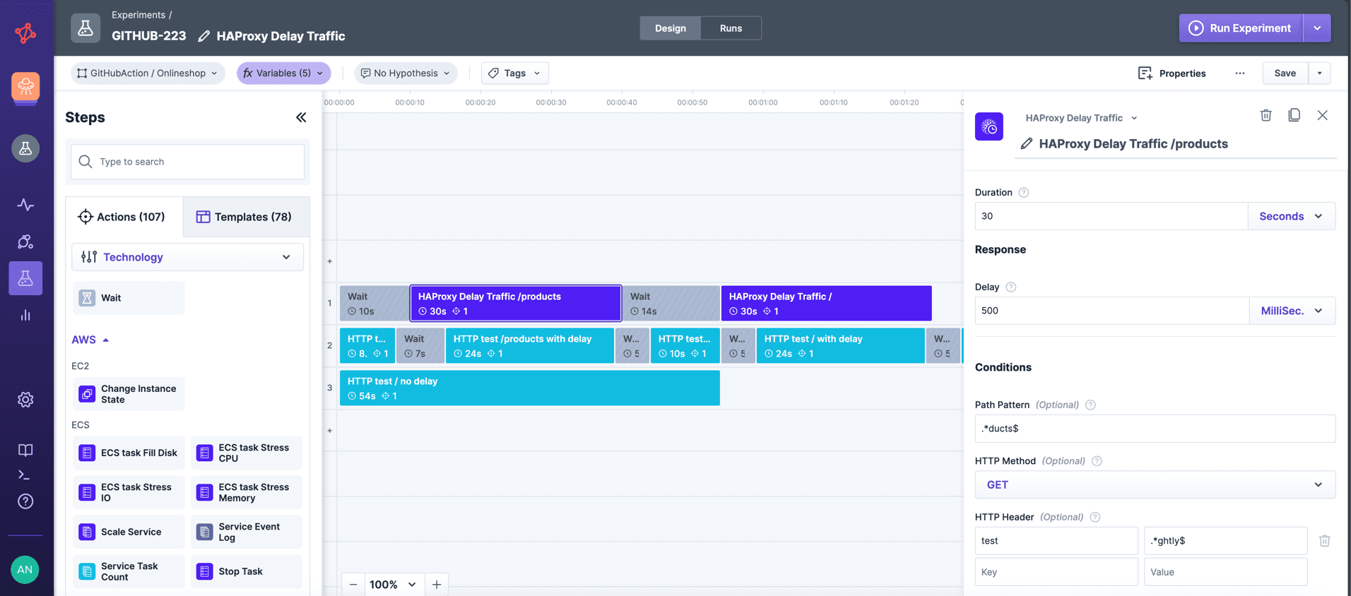 Experiment editor showing the haproxy ingress delay traffic action