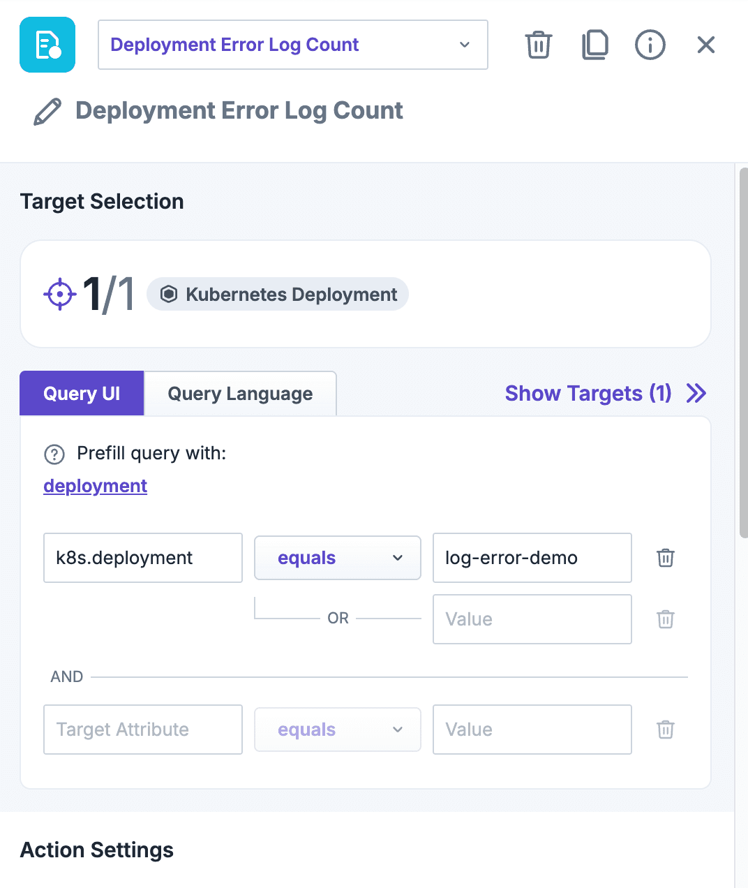 Experiment editor: the Deployment Error Log Count check targeting one deployment, selected in the query editor.