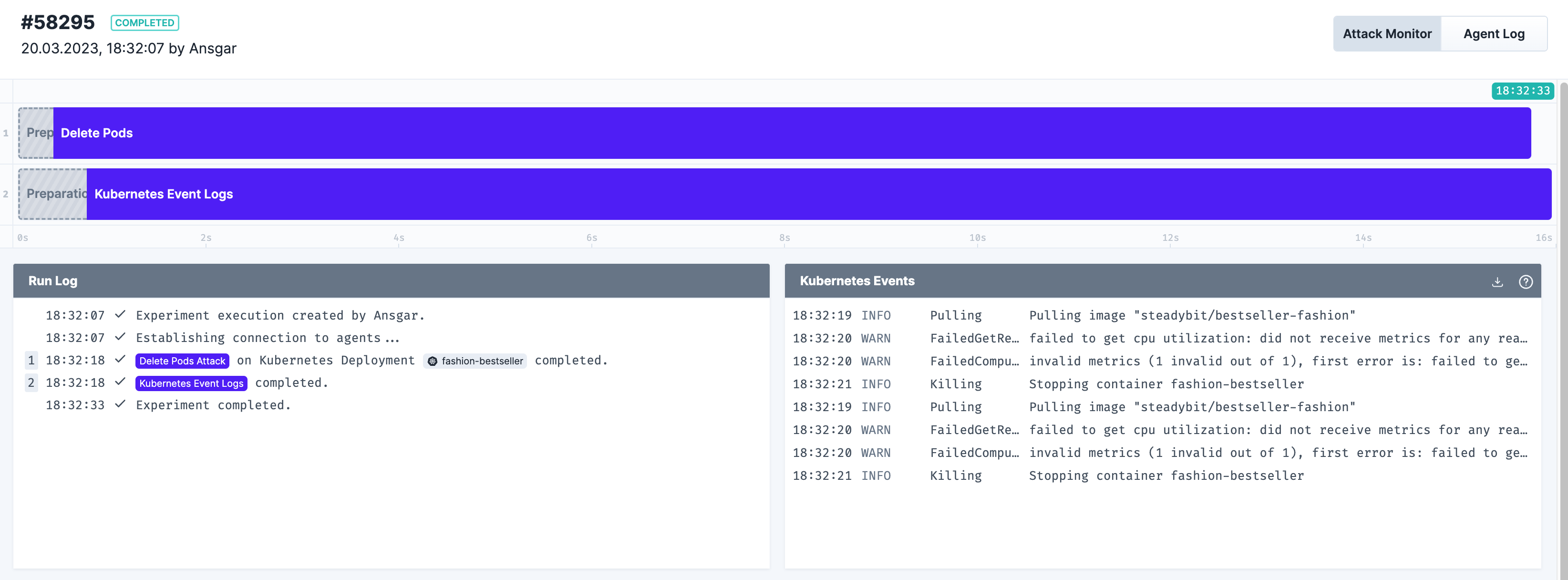 The experiment run view showing the kubernetes event log
