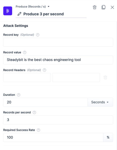 The action "Produce (Records / s)" within the experiment editor.