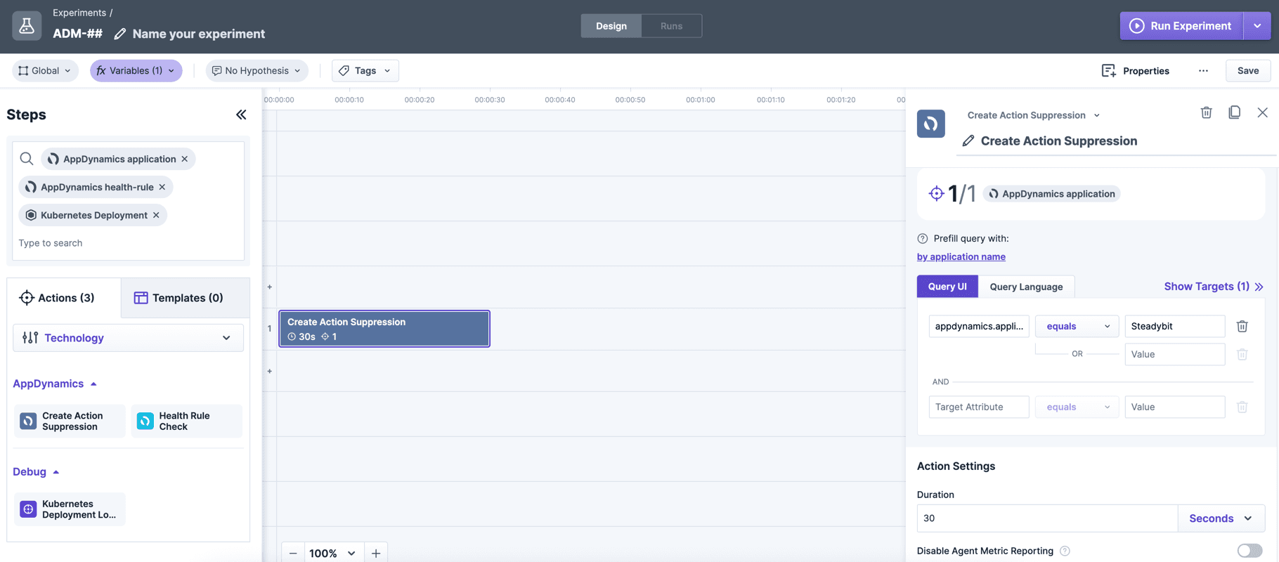 Steadybit's "Create Action Suppression" allows you to disable actions related to events in AppDynamics.
