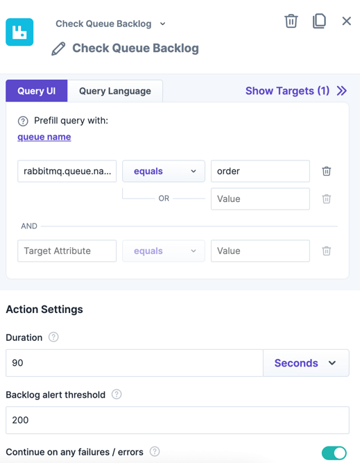 The action "Check Queue Backlog" within the experiment editor.