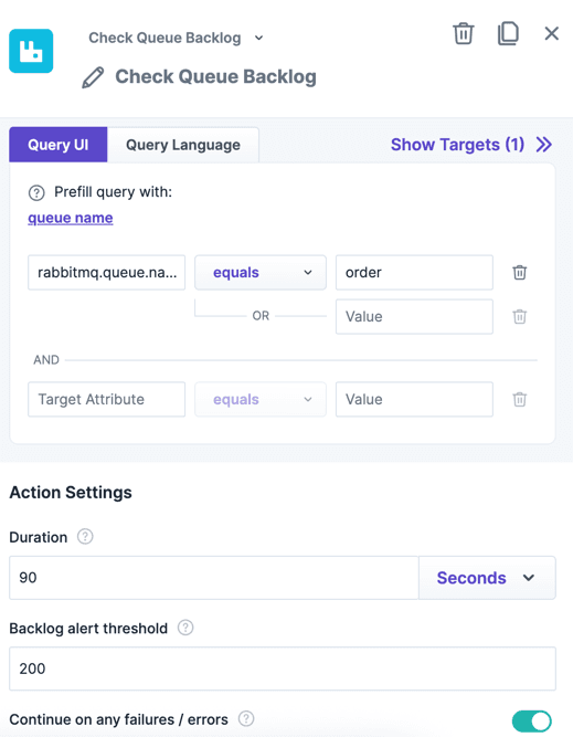 The action "Check Queue Backlog" within the experiment editor.